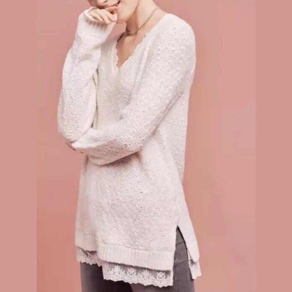 Anthropologie Knitted & Knotted Lace Trim Betten Sweater Tunic In Cream - S